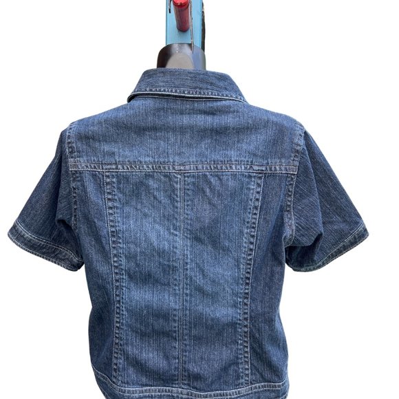 Chico's Denim Jeans Jacket Beading Dark Wash Button Front Short Sleeve Blue 2 - Picture 5 of 11
